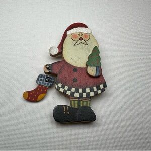 Hand Painted Wood Santa Claus Brooch Pin Folk Art Christmas